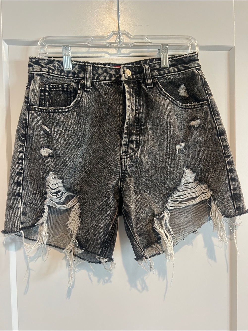 Signature8 Black Acid-Wash Distressed High-Rise Denim Shorts